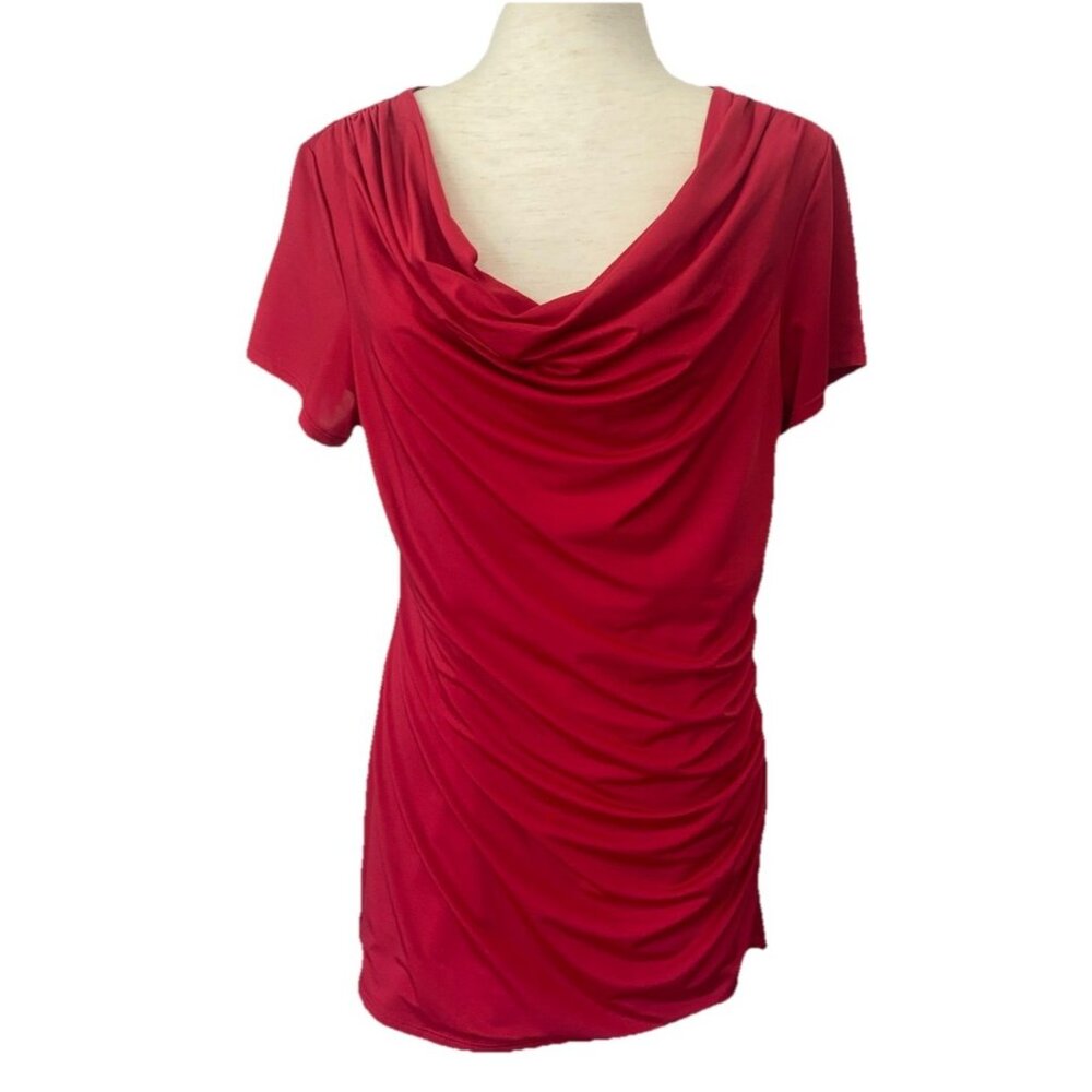 Carmen Marc Valvo Top Womens Size L Drape Neck Short Sleeve Blouse VGUC